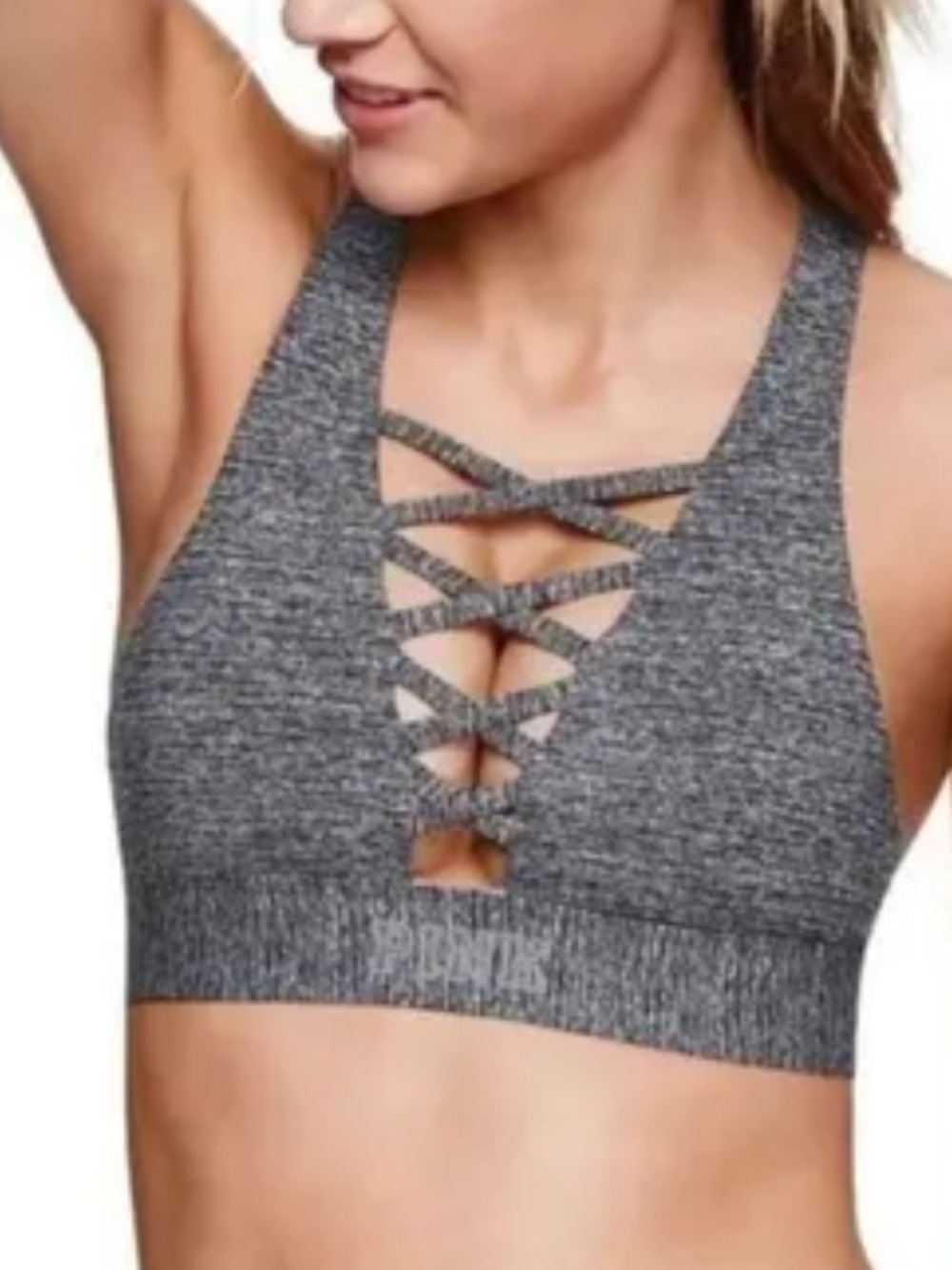 Pink Victoria’s Secret gray strappy sports bra size L
